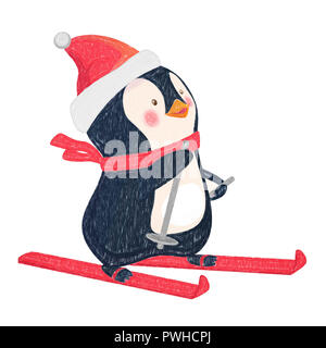 Pinguin auf Skiern. Penguin Cartoon Illustration. Stockfoto