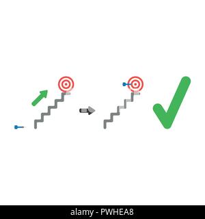 Vector illustration symbol Konzept der Bulls Eye auf Treppen und Dart in der Mitte mit dem Häkchen. Stock Vektor