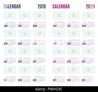 Vektor Kalender 2019 Blau und Rosa 2020 neue Jahr moderne, einfache Design, Mock up Vorlage zum Hinzufügen Ihrer Foto-, Holiday Event Planner, Woche beginnt Sonntag Stock Vektor