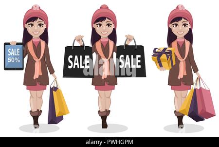 Schwarzer Freitag. Schöne Mädchen, von drei Posen. Zeichentrickfigur Frau mit Tablet, schwarz Taschen und Holding Geschenkbox. Vector Illustration Stock Vektor