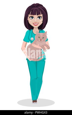 Tierarzt Frau. Cute cartoon Charakter, Professional Female Tierarzt Arzt holding Hauskatze. Vector Illustration auf weißem Hintergrund. Stock Vektor