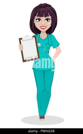 Tierarzt Frau. Cute cartoon Charakter, Professional Female Tierarzt Arzt holding Zwischenablage. Vector Illustration auf weißem Hintergrund. Stock Vektor