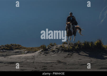 Die Reiterin in der äußeren Caldera des Mount Bromo Stockfoto