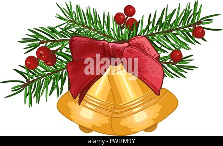 Tannenzweigen mit Klingel und roten Bogen auf weißem Hintergrund. Weihnachten Kranz, Zusammensetzung. Stock Vektor