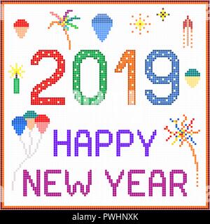 Neues Jahr 2019 pixel Nachricht - 2019 Neues Jahr Nachricht mit Ballons und Feuerwerk. Quadratische Pixel in verschiedenen Farben verwendet wurden. Stock Vektor