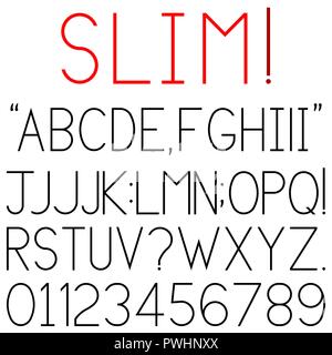 Slim font-Groß- Buchstaben, Ziffern und Satzzeichen in schlanke, schwarze Schrift. Stock Vektor
