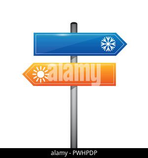 Schild mit Schneeflocken und mit Sonne auf weißem Hintergrund Vector Illustration Stock Vektor