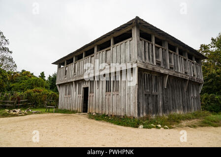 Alte Gebäude in Plimoth Plantation in Plymouth, MA Stockfoto