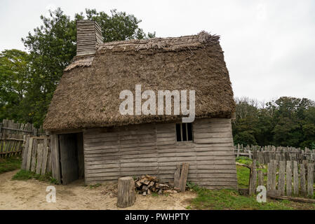 Alte Gebäude in Plimoth Plantation in Plymouth, MA Stockfoto