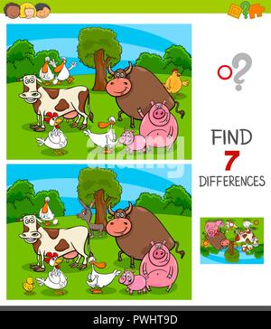 Cartoon Illustration des Findens Sieben Unterschiede zwischen Bilder Lernspiel für Kinder mit Farm Animal Zeichen Stock Vektor