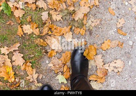 Anzeigen auf der Suche nach der Frau schwarz stiefel Wandern durch die gefallenen Blätter im Herbst, Dorset, Großbritannien Stockfoto