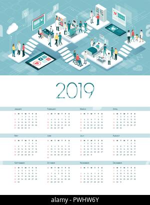 Virtuelles Krankenhaus Kalender 2019: Ärzte und Patienten in einem futuristischen High-Tech-Klinik Stock Vektor