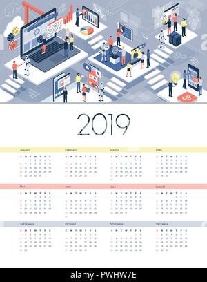 Technologie, VR und Automatisierung Kalender 2019: Personen, die mit den angeschlossenen Geräten und innovativer Technologie Stock Vektor