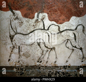 Die Antilope fresco. 16. Jahrhundert v. Chr.. Zimmer B1. Gebäude B Detail. Akrotiri, Thera (Santorin). Nationalen Archäologischen Museum. Athen, Griechenland. Stockfoto