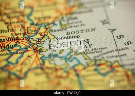 Boston, Massachusetts, ist das Zentrum der Fokus auf eine alte Karte. Stockfoto