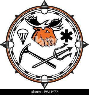 Maskottchen Symbol Abbildung: Leiter einer Elch mit Fallschirm und Star des Lebens Symbol und gekreuzten Trident und Eispickel im inneren Kompass Kreis symbolizi eingestellt Stock Vektor