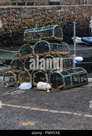 Hummer Töpfe am Hafen von Crail an der Küste von Fife, Schottland Stockfoto