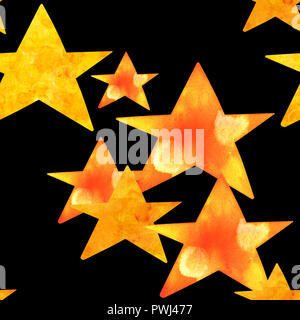 Eine nahtlose Muster mit goldgelben Aquarell Sterne auf einem schwarzen Hintergrund, ein Sternenhimmel wiederholen Stockfoto