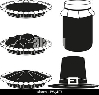 4 schwarze und weiße Herbst Ernte silhouette Elemente einstellen. Gesunde süße Speisen. Falles fest themed Vector Illustration für Symbol, Stempel, Aufkleber, Stick Stock Vektor