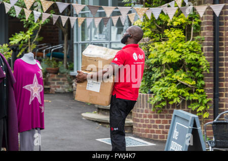 DPD Zusteller tragen schwere Pakete an einen Kunden in West Sussex, England, UK. Britische Kurier die Paketzustellung. Stockfoto