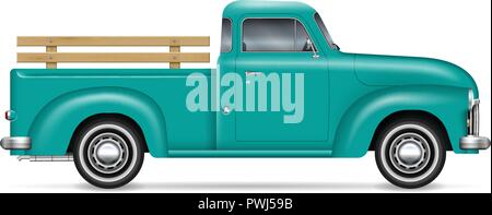 Retro Abholung Vector Illustration auf weißem Hintergrund. Isolierte grüne alte Lkw-Seite anzeigen. Alle Elemente der Gruppen auf separaten Ebenen für Easy Edit Stock Vektor