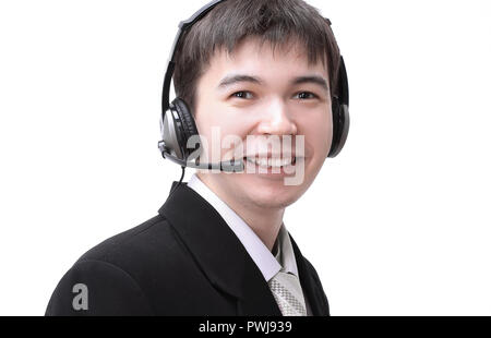 Closeup Portrait von einem Betreiber eines Call Center auf weißem Hintergrund Stockfoto