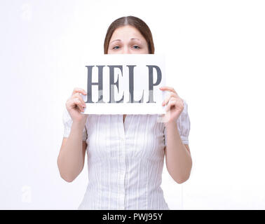 Moderne junge Frau, ein Blatt, das sagt, HILFE Stockfoto