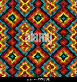 Nahtlose Muster gestrickt, gesättigt mit geometrischen dekorative Figuren, Vektor als Stoff Textur Mehrfarbig Stock Vektor