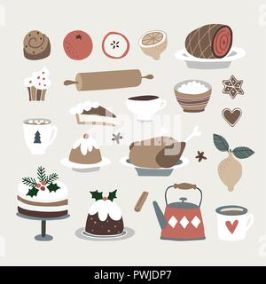 Satz von Süße Weihnachten essen und trinken Symbole. Gebratener Truthahn, Weihnachtskuchen, Zimt Brötchen, Kaffee, Lebkuchen Kekse und Obst. Vintage flache Bauform. Isolierte Vektorobjekte. Stock Vektor
