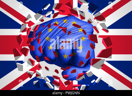 3D-Illustration: Eine Faust-förmige Europäische Flagge Hits und zerstört den Union Jack Flagge. Es ist eine allegorische Bild der Krise zwischen der EU und der britischen fol Stockfoto