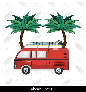 Surfer Lifestyle Tropical Thema mit Minivan und Palmen poster Vector Illustration graphic design Stock Vektor