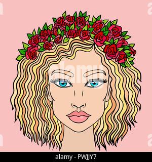 Doodle Mädchen Gesicht. Frauen Portrait mit Kranz von Rosen. Vector Illustration. Stock Vektor