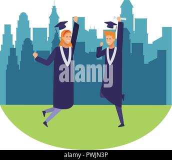 Studenten mit Kittel auf absolventenfeier über stadtbild Hintergrund Vector Illustration graphic design Stock Vektor