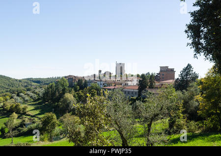 Eine wunderschöne Landschaft mit Olivenbäumen von der toskanischen Stadt Castellina in Chianti, Italien Stockfoto