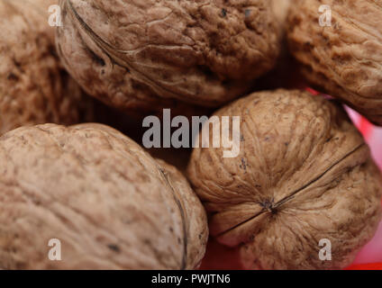 Ein abstraktes Stillleben Bild zeigt eine Sammlung von Walnüsse vom Baum, Portugal Stockfoto