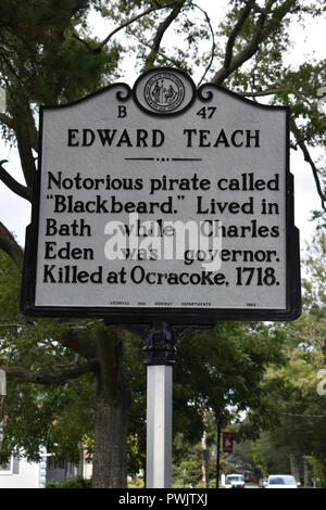 Edward Teach die berüchtigten Piraten Blackbeard genannt in der Badewanne, North Carolina für eine Zeit gelebt. Stockfoto