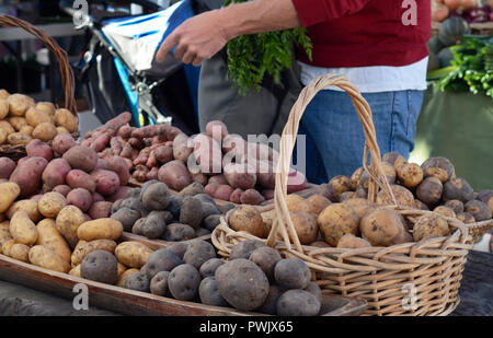 Körbe mit Kartoffeln auf einem Bauernmarkt in New Mexiko. Stockfoto