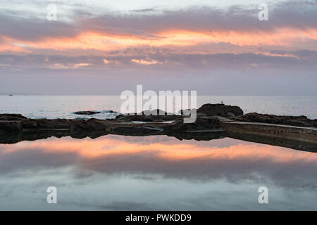 Fowey, Cornwall, UK. 17. Oktober 2018. UK Wetter. Herrliche Sonnenaufgang für diese frühen Morgen Hund Walker, der rockpool bei Mousehole. Eine sonnige Woche voran für Cornwall. Foto: Simon Maycock/Alamy leben Nachrichten Stockfoto