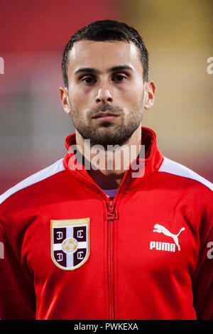 Novi Sad, Serbien. 16. Okt 2018. UEFA-U21-s Fußball-Europameisterschaft: Serbien gegen Armenien, Novi Sad, Serbien. Milan Gajic von Serbien Credit: Nikola Krstic/Alamy leben Nachrichten Stockfoto