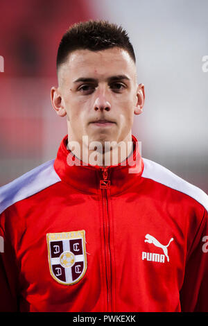 Novi Sad, Serbien. 16. Okt 2018. UEFA-U21-s Fußball-Europameisterschaft: Serbien gegen Armenien, Novi Sad, Serbien. Aleksa Terzic von Serbien Credit: Nikola Krstic/Alamy leben Nachrichten Stockfoto