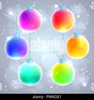 Satz von sechs bunten Regenbogen Weihnachten Kugeln auf Funkelten Hintergrund Stock Vektor