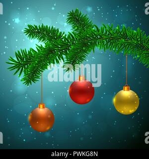 Tanne mit 3 Weihnachtskugeln rot, gelb und orange auf dunkelblauem Hintergrund mit bokeh Effect Stock Vektor
