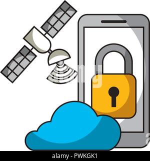 Smartphone Cloud Storage Satelliten Sicherheit autonomen Auto Vector Illustration Stock Vektor