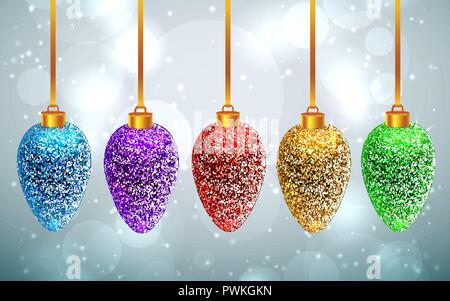 Satz von Funkelten und Regenbogen Weihnachten Spielzeug auf hellgrauem Hintergrund mit bokeh Wirkung. Neues Jahr und Weihnachten Grußkarte Vorlage. Stock Vektor