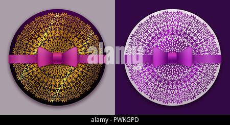 Vektor violett vintage Grußkarte Vorlagen mit bogen und farbband. Vektor einladung hochzeit Design. Jahrestag template Design für jede Feier. Stock Vektor