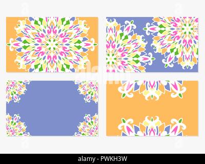 Satz 4 Vector business card Templates. Schöne bunte Mandala Designs für Geschenkkarten, Zertifikat, Flyer, Banner und Werbung. Stock Vektor
