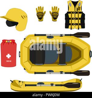 Rafting Ausrüstung und Schutzbekleidung vektor Icon Set Stock Vektor