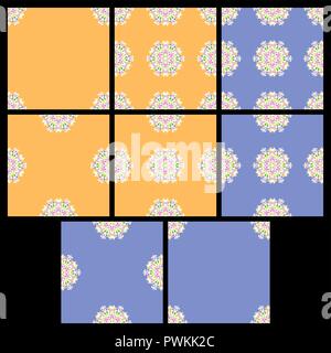 Satz von nahtlosen bunt vintage Muster. Mandala Schnürsenkel auf blau und orange hinterlegt. Abstrakte geblümten Tapeten. Texturen für Stoff-, Textil- und s Stock Vektor