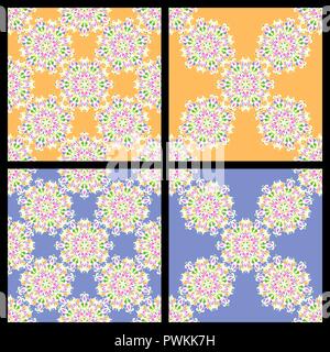 Satz von nahtlosen bunt vintage Muster. Mandala Schnürsenkel auf blau und orange hinterlegt. Abstrakte geblümten Tapeten. Texturen für Gewebe, Textil. Stock Vektor
