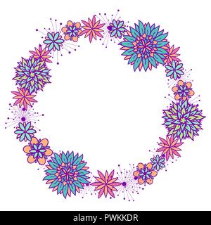 Schöne Vektor doodle Runde floral Rahmen mit Blumen in den Farben blau, pink, violett und orange Farben auf weißem Hintergrund. Nettes Design mit kopieren. Stock Vektor